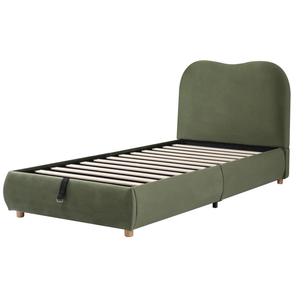 OKWISH Letto contenitore 90×200 cm, Letto Singolo con Vano Contenitore, Testiera Imbottita e Struttura Integrata, senza Materasso, in Velluto, Verde