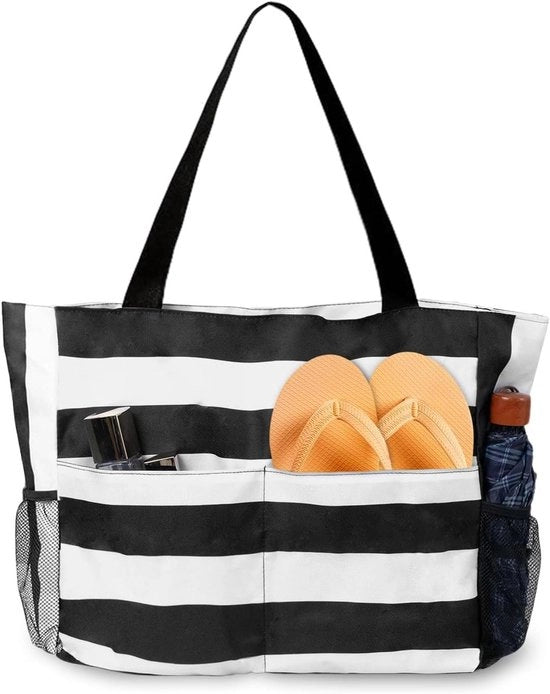 Borsa da spiaggia grande pieghevole con chiusura a zip - 45 litri impermeabile - borsa da bagno leggera - per donne e famiglia - nero-bianco