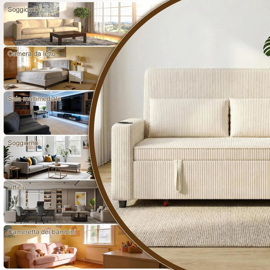 Divano Letto 2 Posti in Velluto Divano Matrimoniale Prontoletto Estraibile con Schienale Regolabile in 5 Posizioni per Soggiorno, Camera da Letto o Ufficio, 69P x 141L x 88H cm, Beige