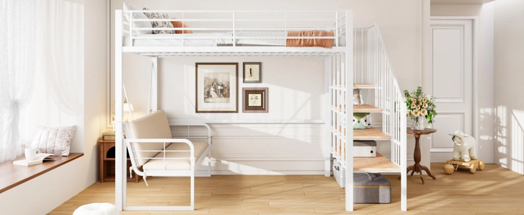 DESMIU Letto a castello 140 × 200 cm 3 posti con scala contenitore e divano sfoderabile, senza materasso, bianco