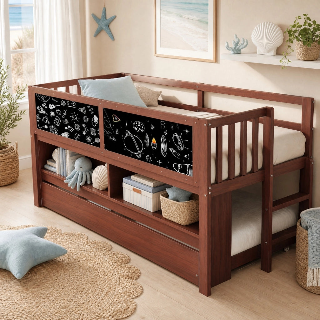 DESMIU Letto Bambino 1 Posto con Letto Estraibile, Lavagna, Scaffali e Scaletta 90 × 200 cm, Senza Materasso