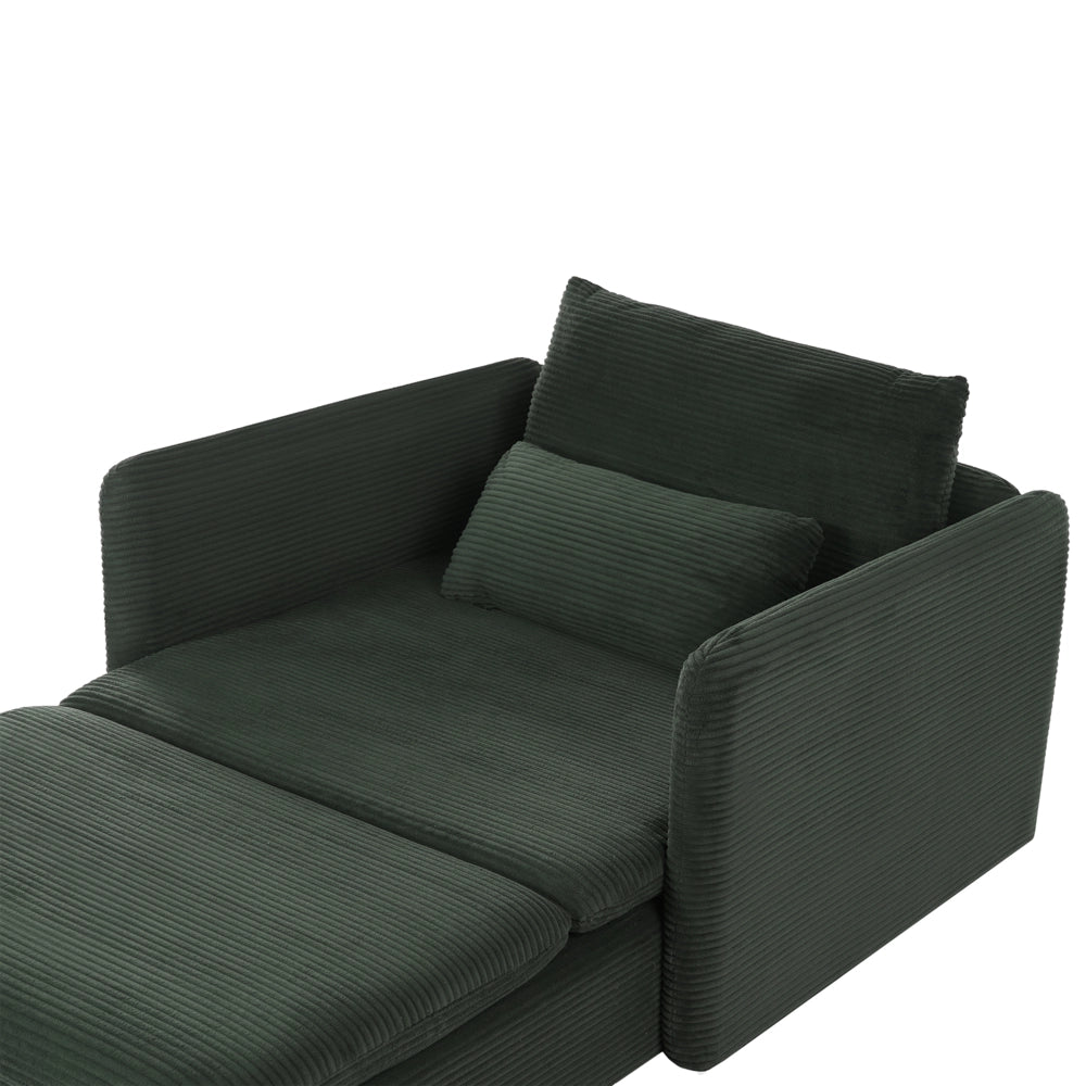 Chaise longue in velluto a coste verde scuro, imbottita con cuscini, design moderno