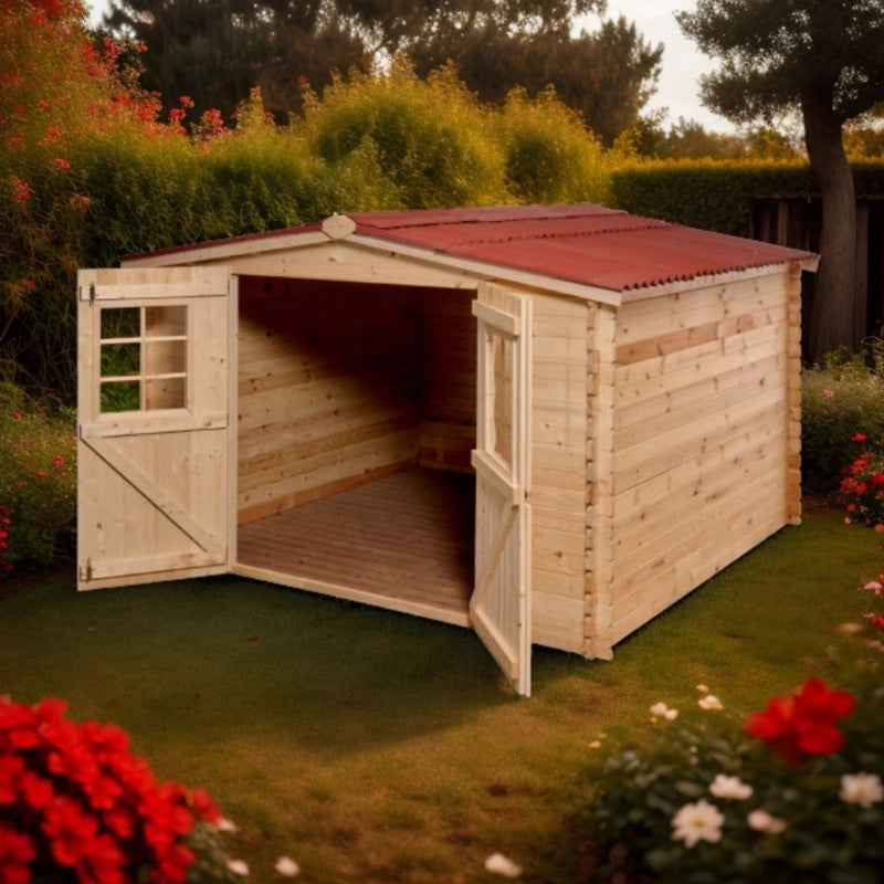 Casetta in legno da giardino doppia porta con vetro – 300x300 cm – tavole 28 mm, tetto bitumato rosso – MO3030.02N Foresta