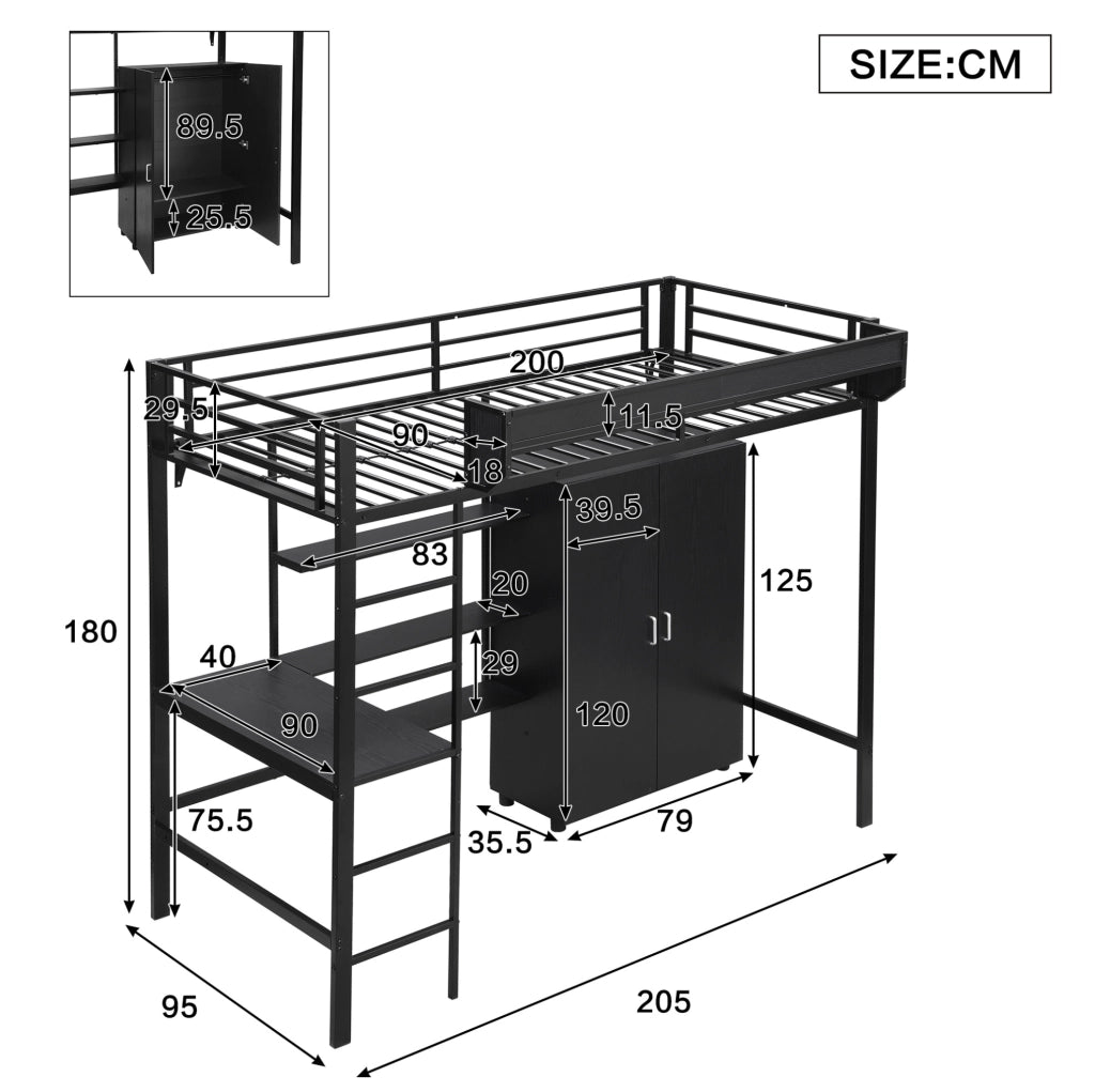 Letto a soppalco con scrivania e armadio; per materasso 90x200 cm; nero