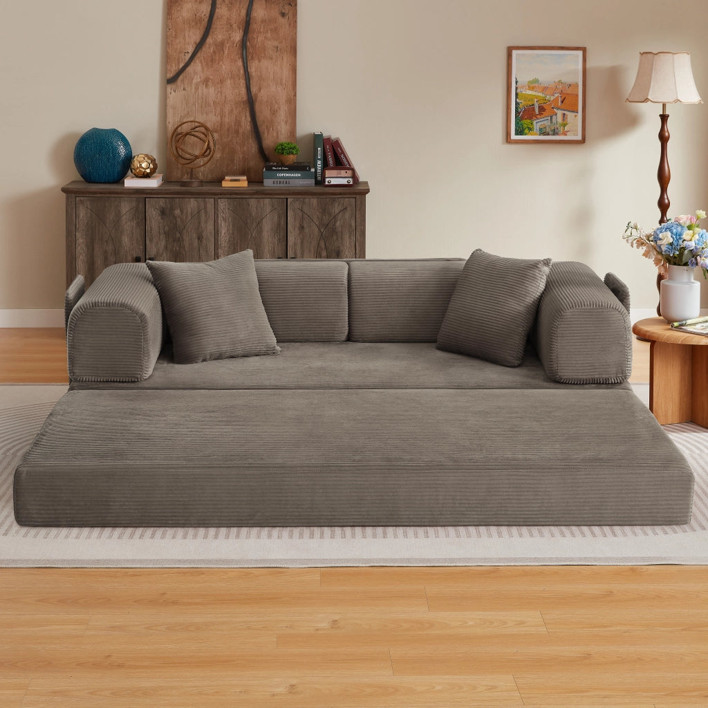Divano letto in schiuma con due materassi da 17 cm e struttura in acciaio cromato, 2 cuscini, taupe