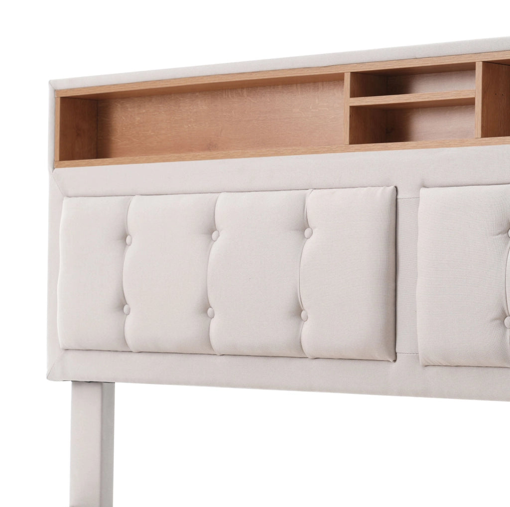 Letto imbottito ULEVR 140x200 cm con contenitore, testiera regolabile, prese USB e Type-C, lino beige