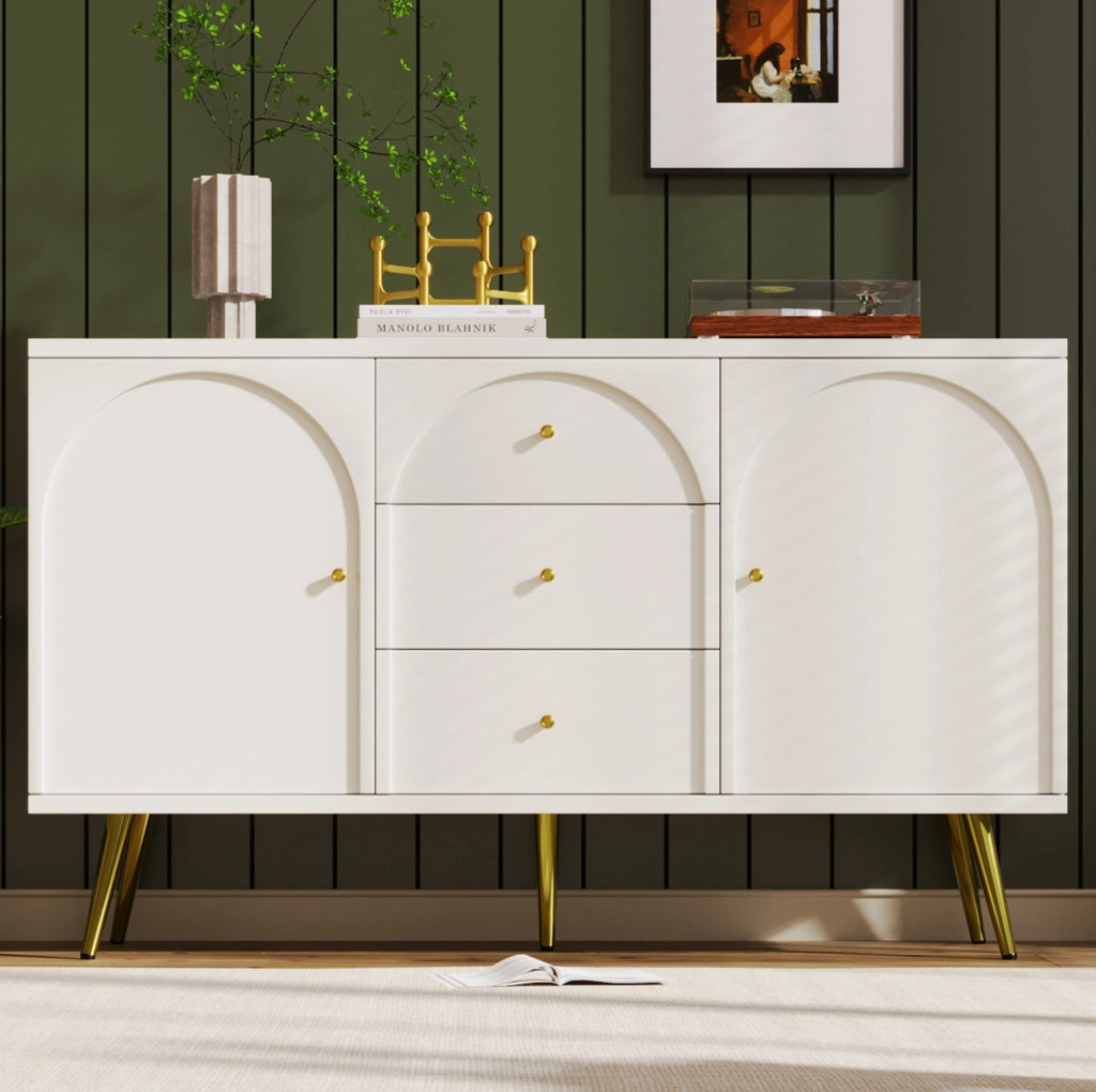 Credenza con 2 porte e 3 cassetti; ripiano regolabile; H84x140x40 cm; crema bianco