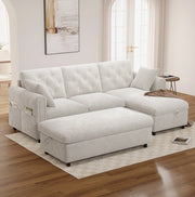 Divano con chaise longue e pouf contenitore; 219 x 131 x 86 cm; beige