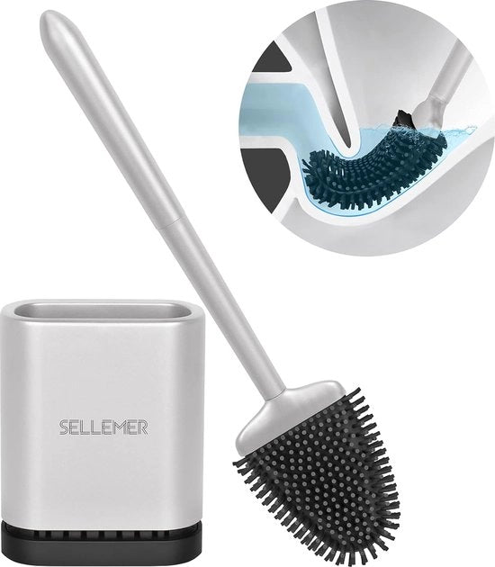 Spazzolino per il water con silicone, maniglia/piede, spazzolino per il water con supporto per asciugatura rapida, spazzolino per il water flessibile in silicone per il water (argento)