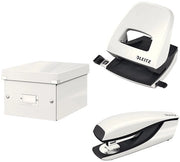 Set di archiviazione Click & Store con coperchio, piccolo, con perforatrice e macchina per bucature per 30 fogli, scatola per documenti fino A5 in ufficio e a casa, serie WOW, bianco, 60430001 + 50081001 + 55021001
