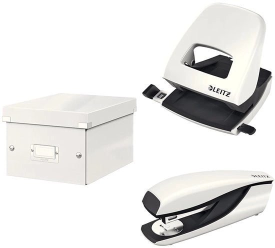 Set di archiviazione Click & Store con coperchio, piccolo, con perforatrice e macchina per bucature per 30 fogli, scatola per documenti fino A5 in ufficio e a casa, serie WOW, bianco, 60430001 + 50081001 + 55021001