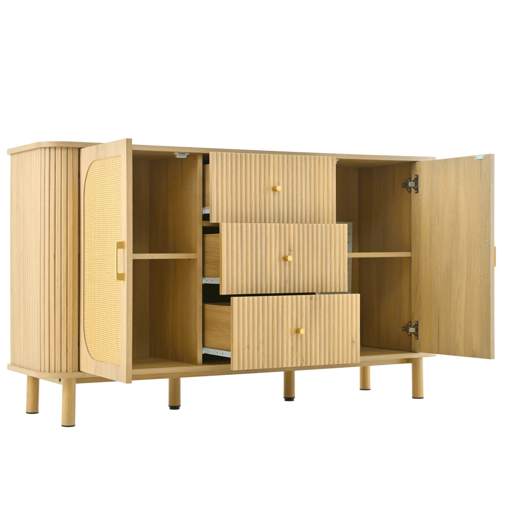 Credenza moderna 140 cm con ante in rattan e cassetti