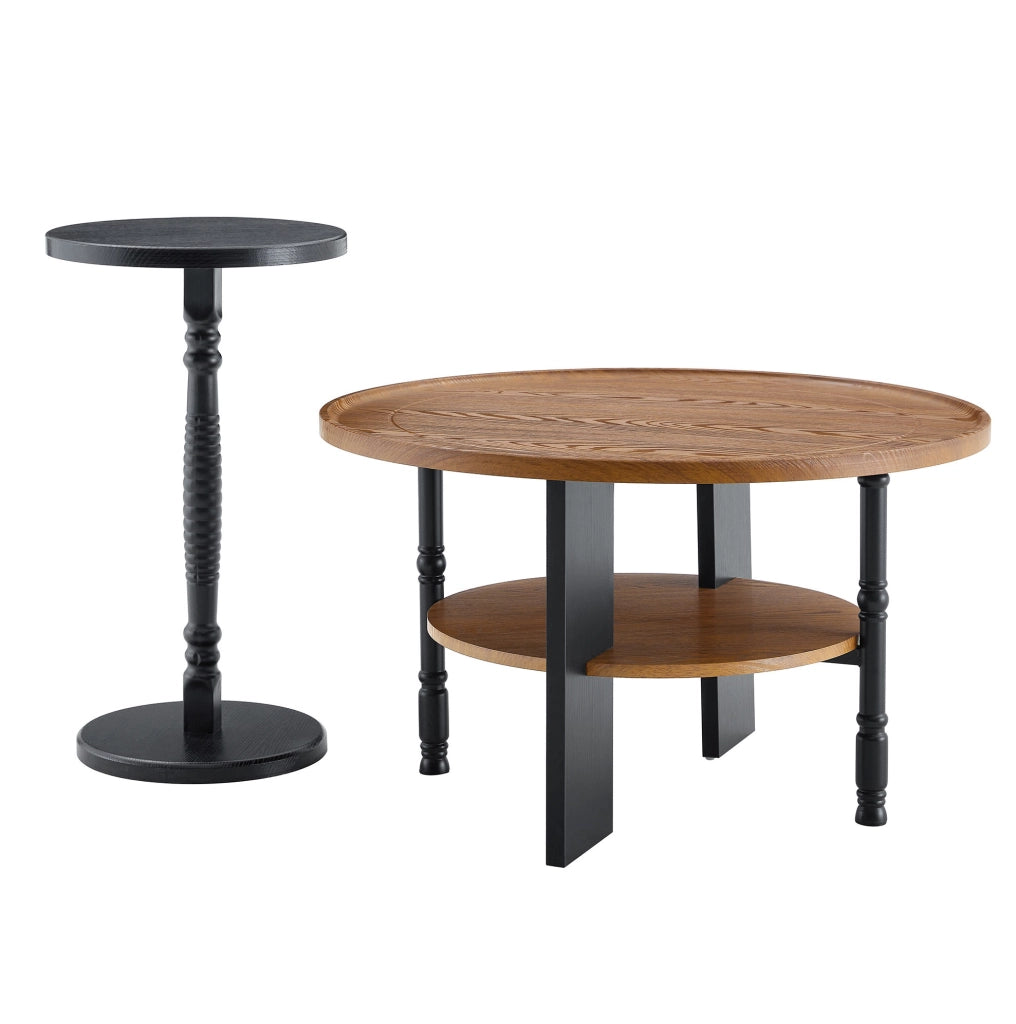 Set di 2 tavolini rotondi in MDF con rivestimento PVC; noce e nero