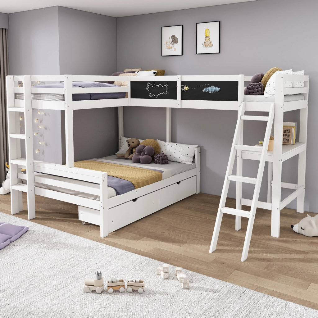 Letto a castello per bambini - Zephmum - 140x200cm e 90x200cm - Bianco - Con tre posti, cassetti, scrivania e scaffale