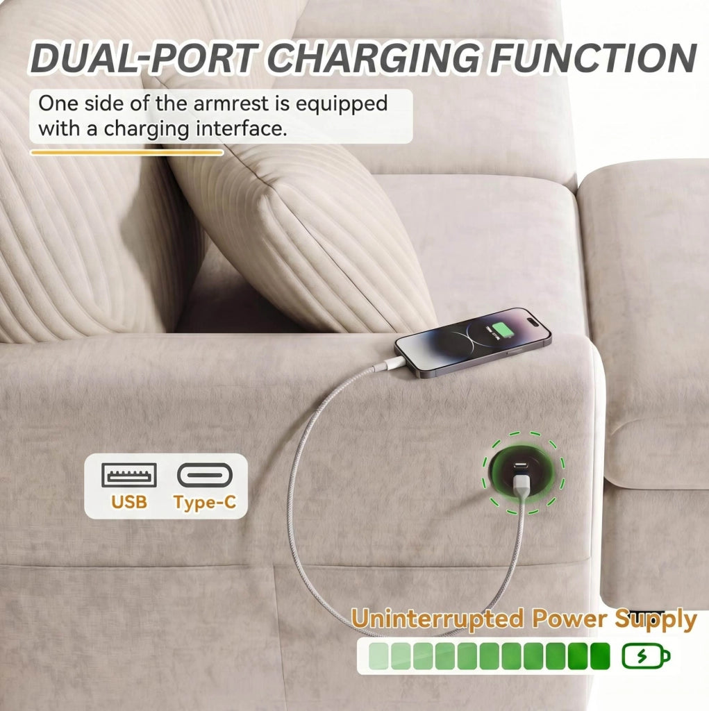 Divano in ciniglia e velluto a coste con poggiapiedi; USB e Type-C; beige; 223×146×84 cm