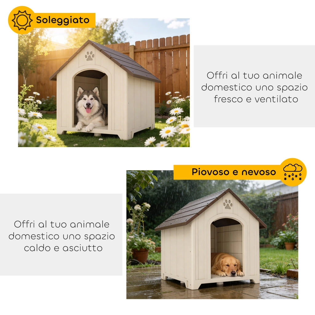 Cuccia per Cani Rialzata 102x94x103 cm con Tetto Inclinato e Prese d'Aria in PP Beige e Marrone Scuro