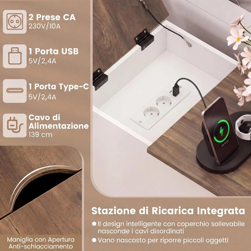 Tavolino da Salotto, Tavolino con Stazione di Ricarica, Coperchio a Ribalta, Cassetto, Vassoio Rimovibile e Armadio, Mobile Versatile in Legno da Letto e Divano (Bianco)