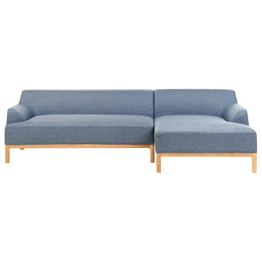 Divano angolare a sinistra Tessuto poliestere blu Gambe di legno Soggiorno elegante