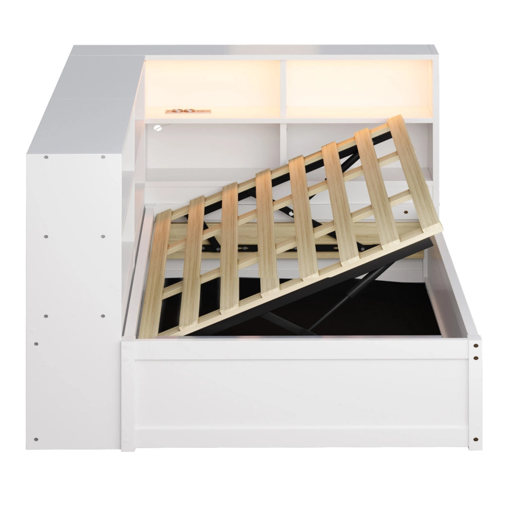 Letto singolo multifunzione 90x200 cm con contenitori; LED e presa integrata; bianco