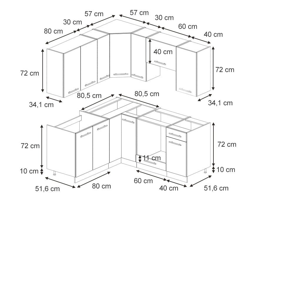 Vicco Cucina angolare completa Nero a righe/bianco 160 x 60 cm senza piano di lavoro