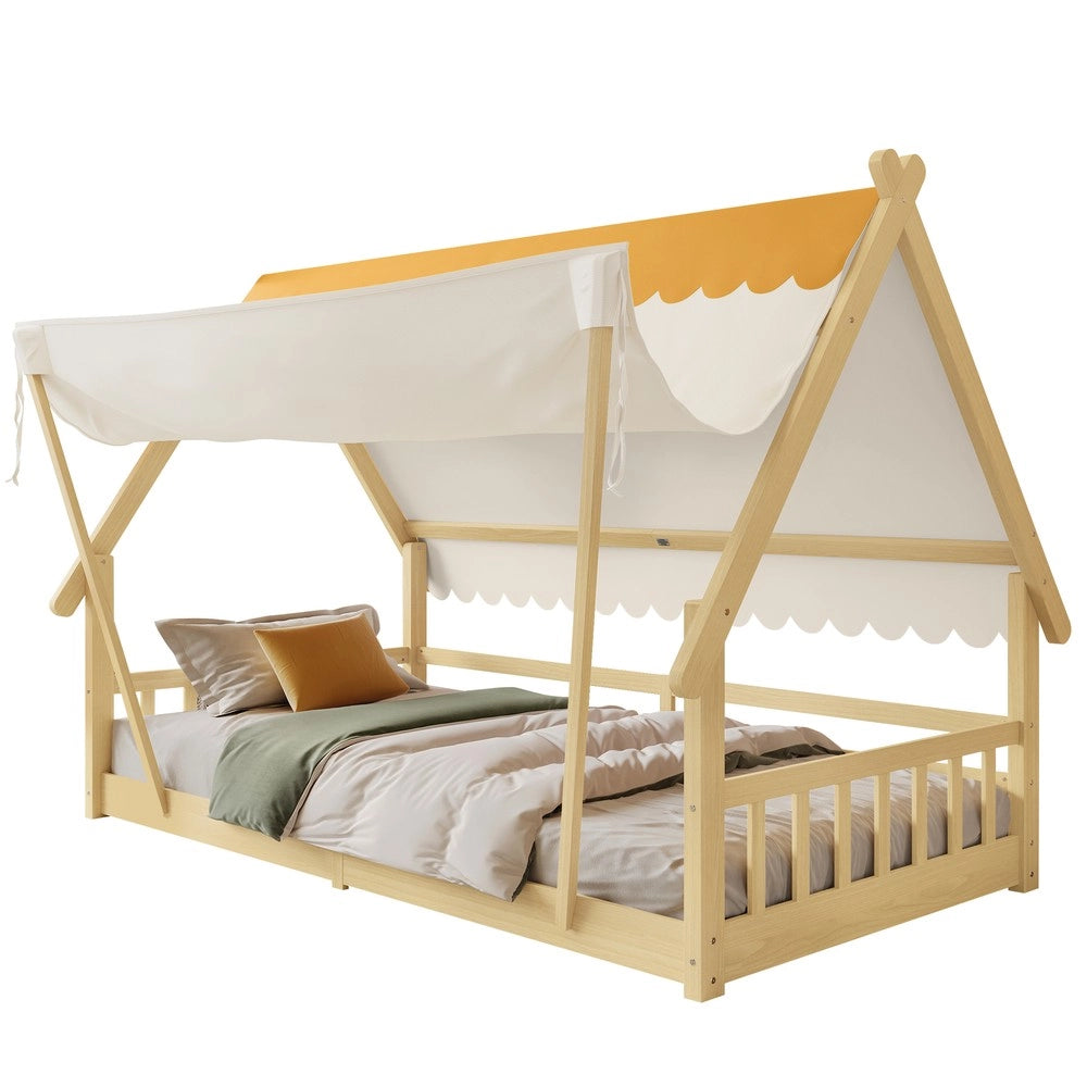 Letto Singolo per Bambini a Casetta ¨C MINIMAL ¨C Pino e Multistrato, 90x200, Naturale