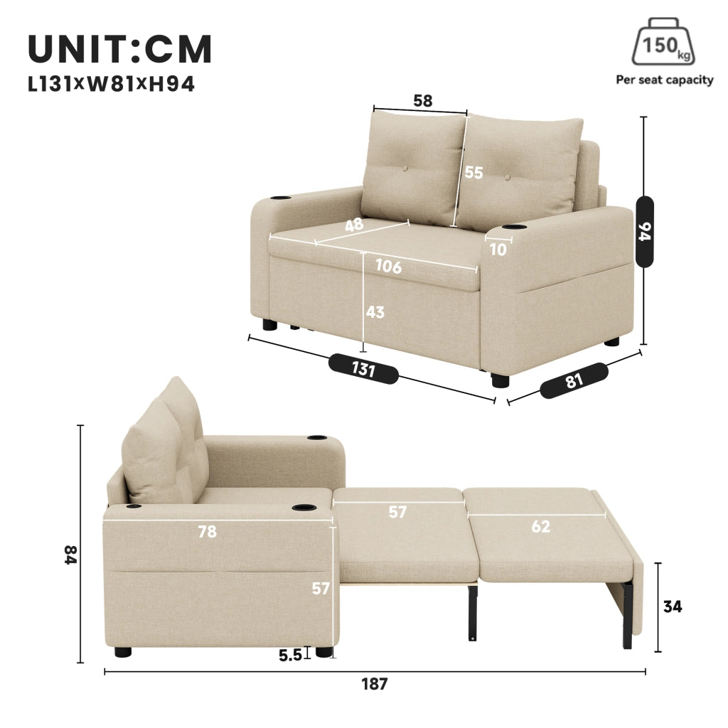 Divano letto 3 in 1 con portabicchieri, tasche laterali, cuscini e porte USB e tipo C in cotone lino beige