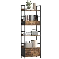 Libreria a 6 livelli con 4 ripiani, 3 cassetti in tessuto, 60x30x176cm, Marrone rustico