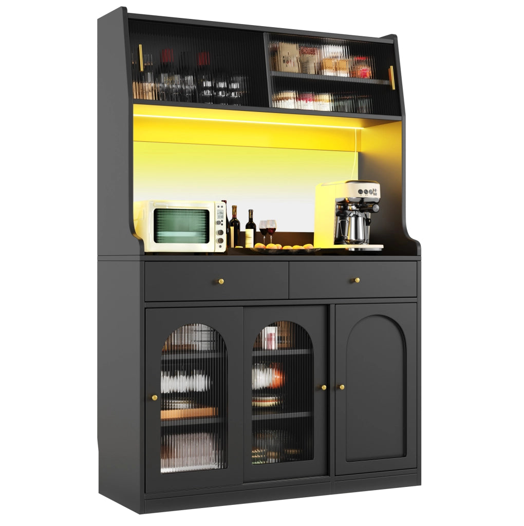 Credenza alta con LED e ante scorrevoli in vetro, nera