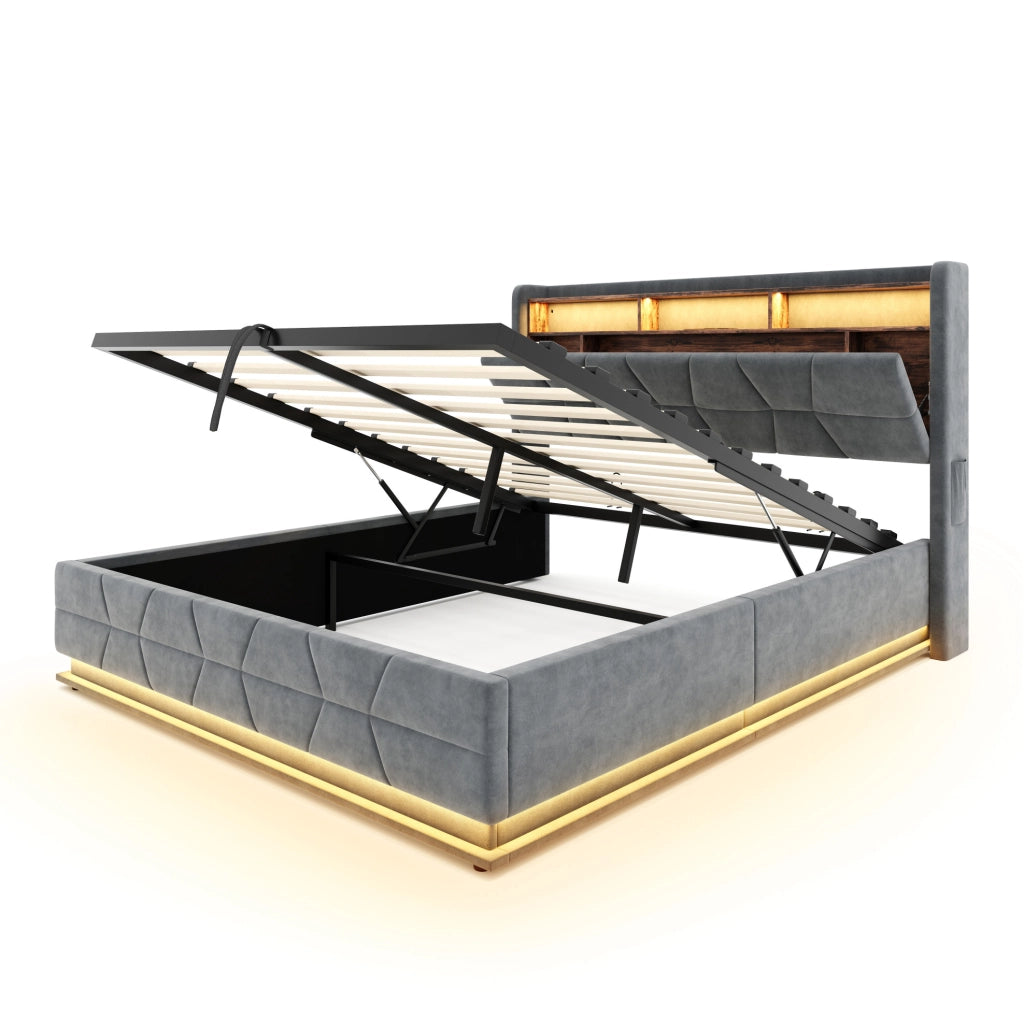 Letto matrimoniale 140x190 cm in velluto grigio scuro con LED; ripiani e presa USB/Type-C