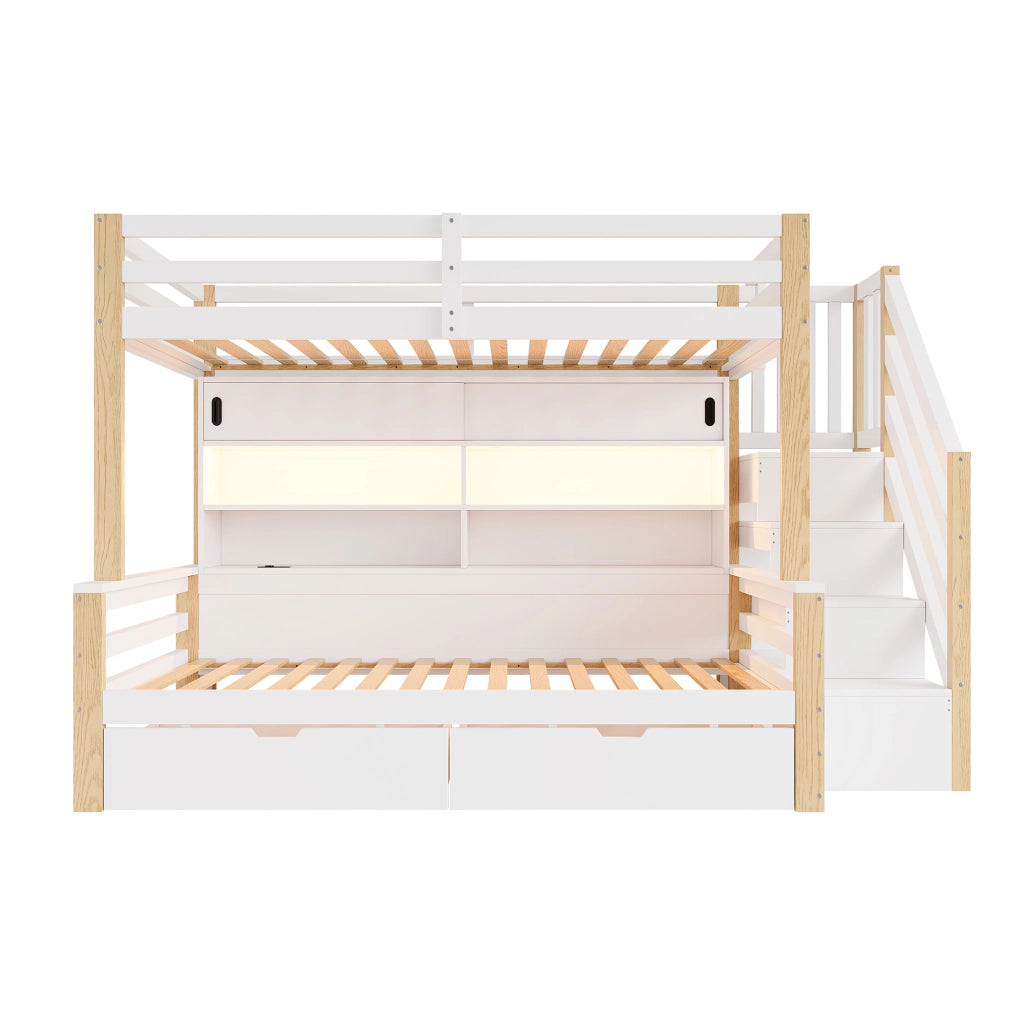 Letto a castello per bambini 90x200 cm; LED controllabile tramite app; USB e Type-C; scala contenitore; pino bianco