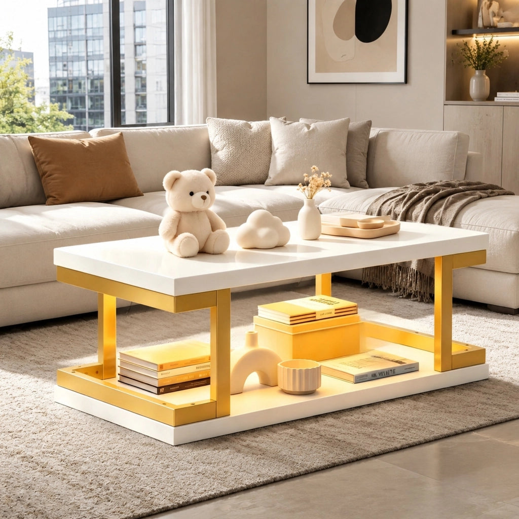 Tavolino da caffè LED bianco e oro 100x50x37,5 cm in MDF e metallo
