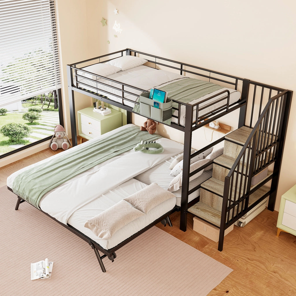 Letto a Castello 90x200 cm e 180x200 cm; con Letto Estraibile; Tasche in Tessuto; in Metallo; Nero