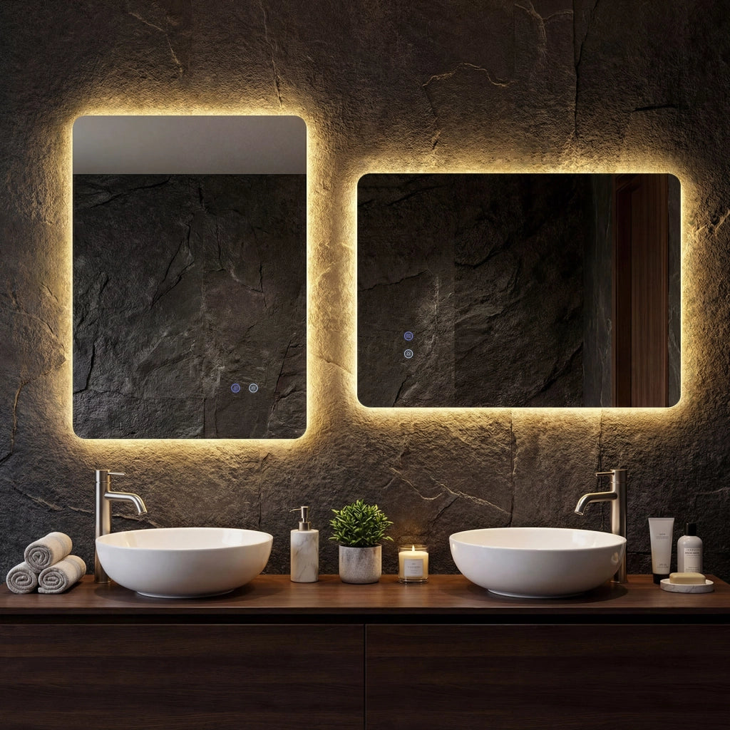 Specchio led bagno rettangolare parete retroilluminato luminosit¨¤ regolabile touch, Specchio vetro temperato memoria anti-appannamento 70 x 50 cm