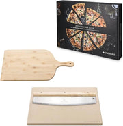 Piatto per pizza XL per forno e barbecue con spatola per pizza in bambù e libro di ricette - 38 x 30 cm