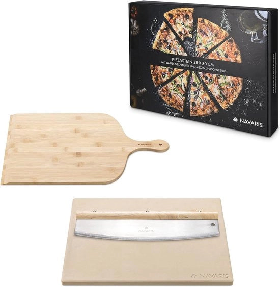Piatto per pizza XL per forno e barbecue con spatola per pizza in bambù e libro di ricette - 38 x 30 cm