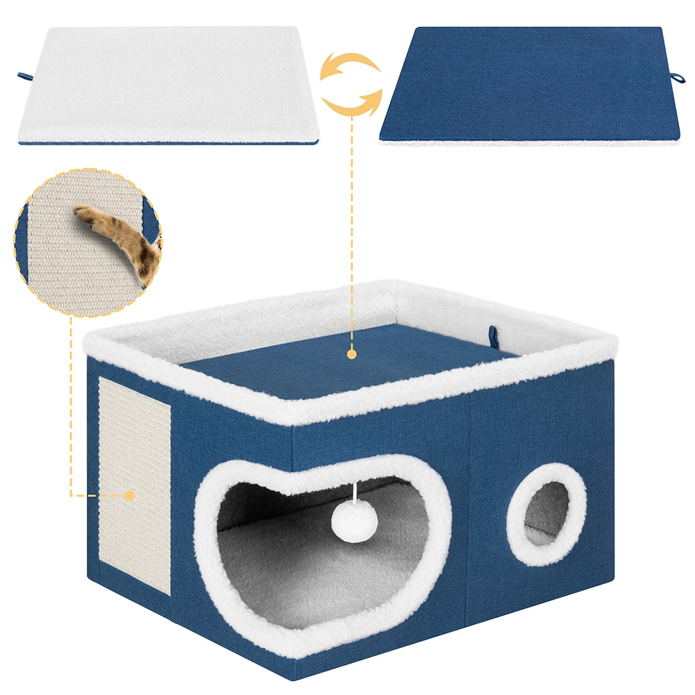Cuccia Casa per Gatti Cubo Blu Tiragraffi Casetta Animali Domestici 58x42x33 cm