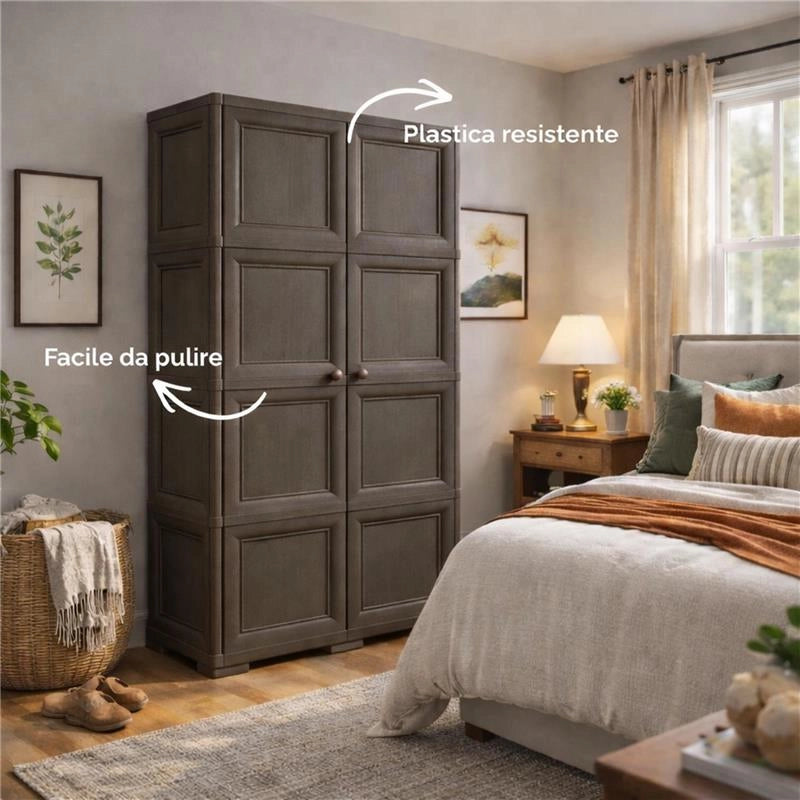 ARMADIO 2 ANTE WENGÉ 79X43X164 CM CON 4 SCOMPARTI E VANO PORTASCOPA – MOBILE ALTO ORGANIZZAZIONE CASA PER INGRESSO E LAVANDERIA
