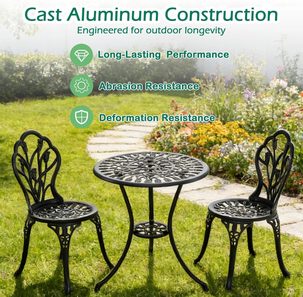 Set da Giardino 3 Pezzi, Tavolo da Bistrot con 2 Sedie in Alluminio Pressofuso, Tavolo con Foro per Ombrellone e Piedini Regolabili, Mobili Resistenti per Balcone, Terrazza e Cortile