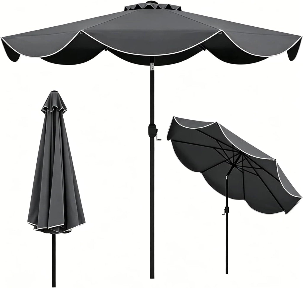 Ombrellone da Giardino 270 cm, Inclinabile 30° con 8 Stecche, Palo in Metallo, Parte Superiore Ventilata e Manovella, Anti-UV, per Spiaggia, Balcone e Terrazzo (Grigio, 270 x 235 cm)