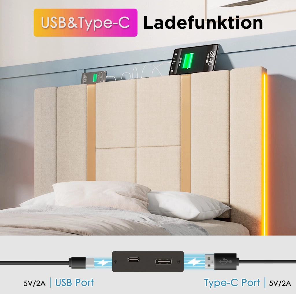 Letto imbottito 90x200 cm beige con materasso, LED e ricarica USB-C