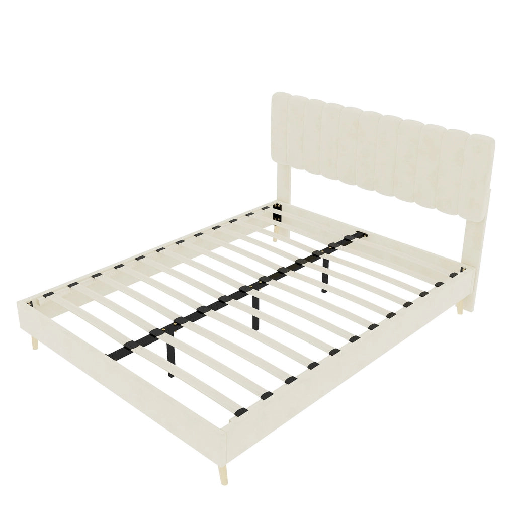 Letto imbottito 140x200 cm in tessuto e metallo; beige; con materasso incluso