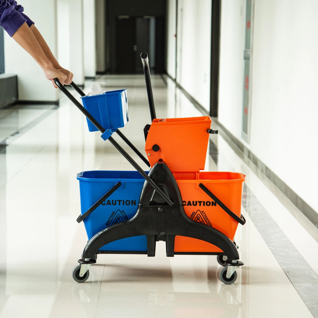 Carrello Pulizia Professionale 26L con 2 Secchi ¨C zephmum ¨C Arancio e Blu, Plastica e Metallo, 78x45x95 cm