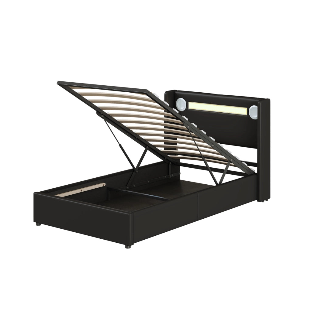 Letto imbottito per bambini 90x200 cm in PU nero con LED; Bluetooth e contenitore