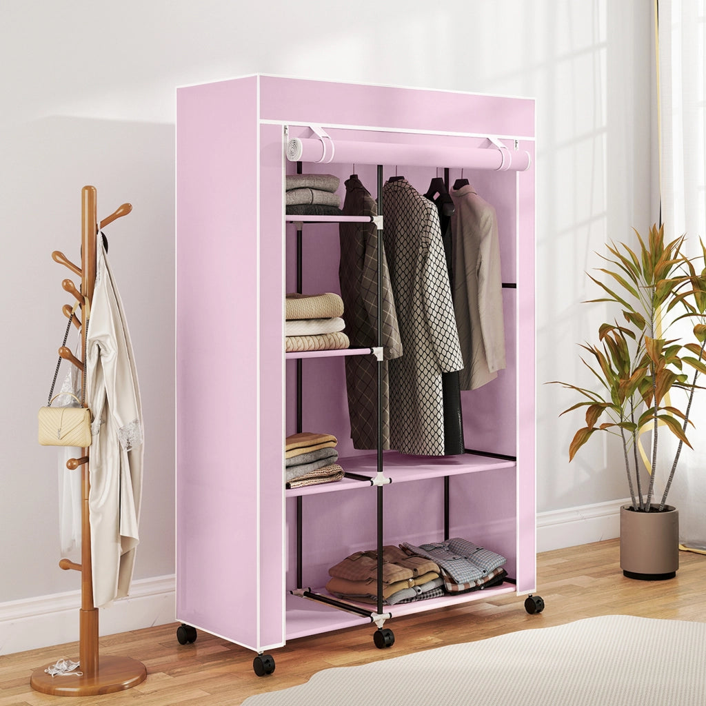 Armadio guardaroba portatile con ante in tessuto e ruote ¨C Xylo ¨C rosa 103x43x162cm