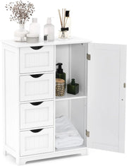 Armadietto portaoggetti con ripiano regolabile, armadio da bagno con 4 cassetti e 1 anta, 56 x 30 x 82 cm, con chiusura ribaltabile, per soggiorno, cucina (bianco), SE09884MTDE