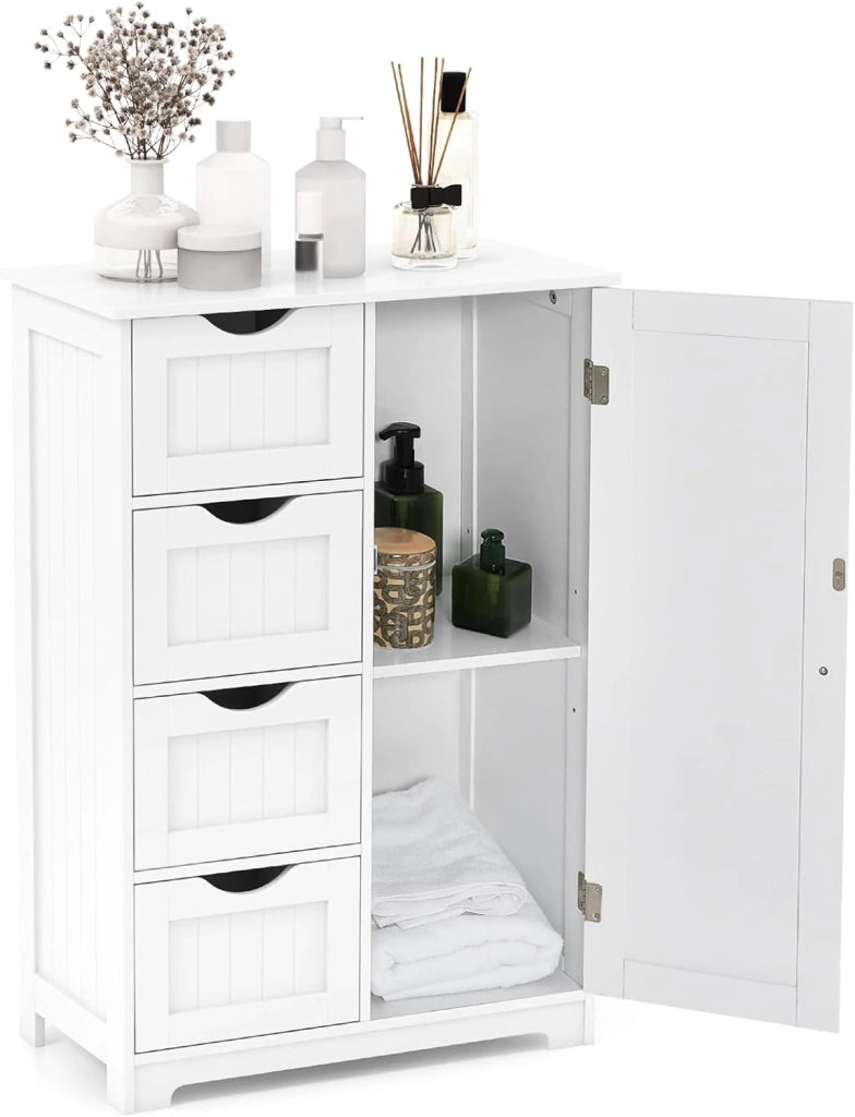 Armadietto portaoggetti con ripiano regolabile, armadio da bagno con 4 cassetti e 1 anta, 56 x 30 x 82 cm, con chiusura ribaltabile, per soggiorno, cucina (bianco), SE09884MTDE