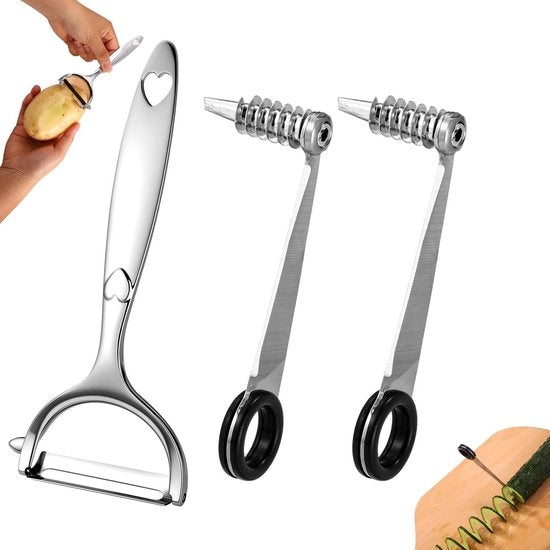 Taglierino manuale per verdure - Spiralettaggio/Zangolatore - Tranciablocchi - Set di misure da cucina - Acciaio inossidabile - 2 pezzi + 1 pezzo - Utensili da cucina