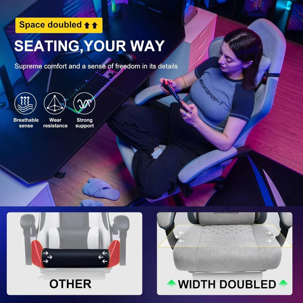 Sedia da gaming, ergonomica, da scrivania, con superficie in tessuto, cuscino a molla, braccioli di collegamento e poggiapiedi, Grigio