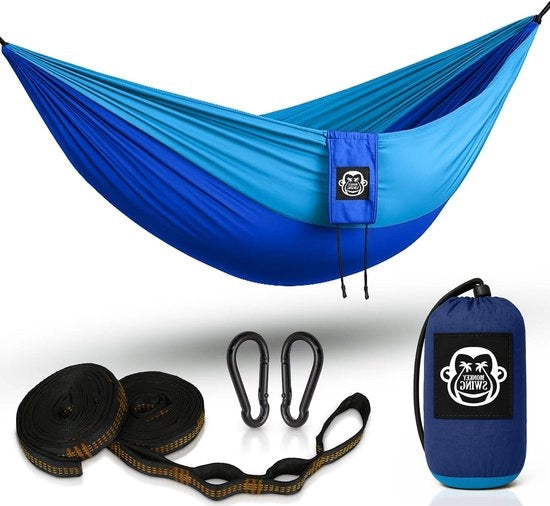 Hammock da Viaggio Ultraleggero (275 x 140 cm Massimo 220 kg) in Set per Escursioni, Trekking e Campeggio - Hammock per Giardino e Spiaggia (Azzurro/Azzurro)