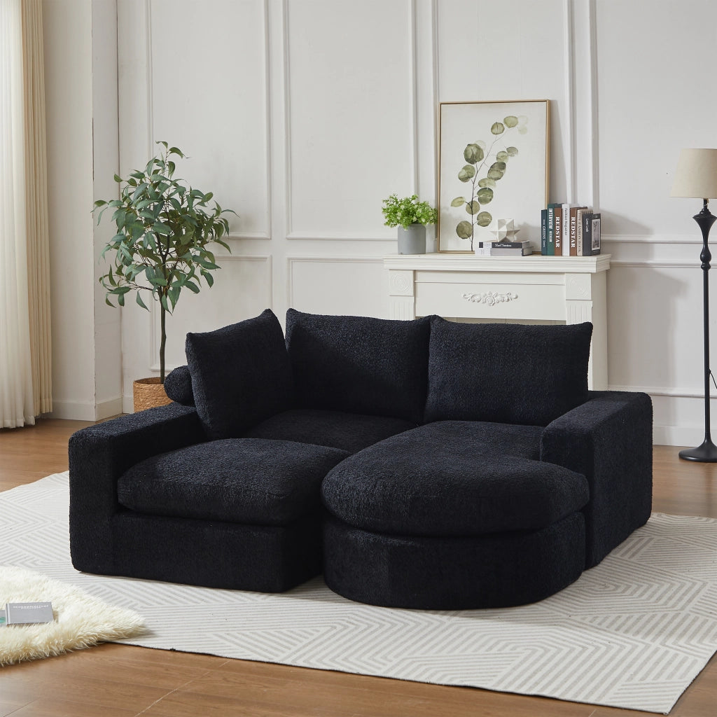 Divano modulare in ciniglia nero con seduta allungata reversibile e 4 moduli